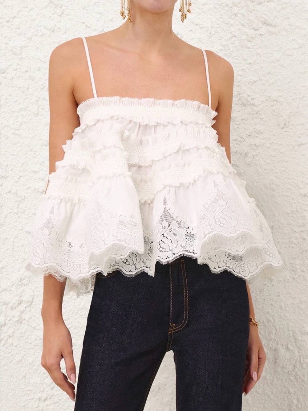 Zimmermann White Lace Tiered Ruffle Cami